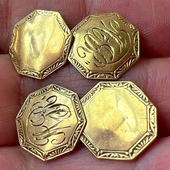 ANTIQUE OSTBY BARTON 14K YELLOW GOLD CUSTOM INITIALS MONOGRAMMED FLAT CUFFLINKS